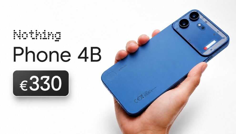 Nothing Phone 4B blue model held in hand with €330 price tag