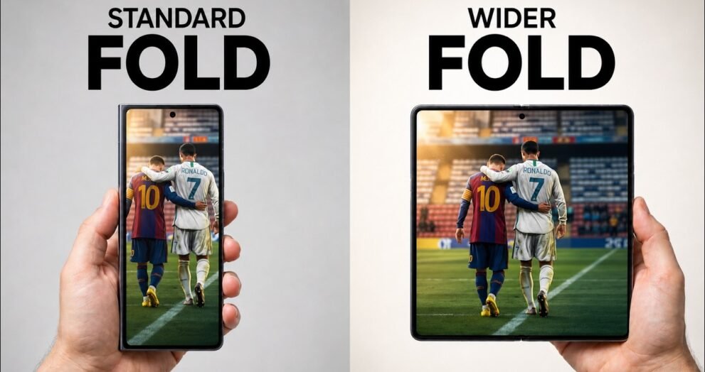 Standard foldable phone compared with wider foldable phone showing football image on both screens