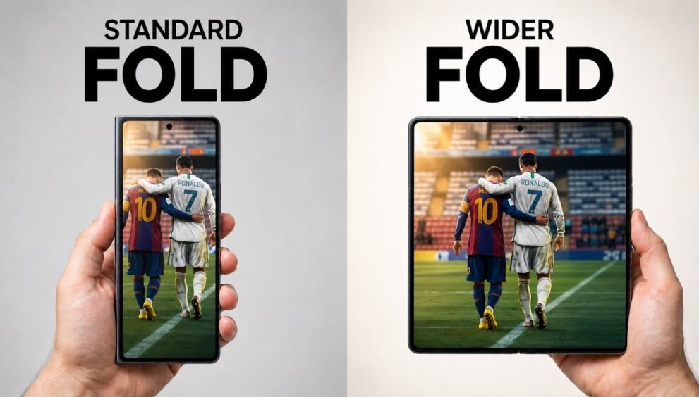 Standard foldable phone compared with wider foldable phone showing football image on both screens